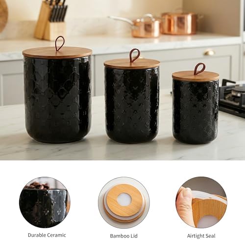 Ceramic Canisters Set, Black, Set of 3, Embossed Pattern - Image 4