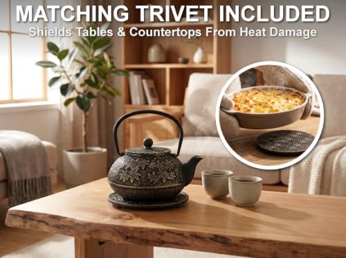 40 Oz Black Maple Leaf Cast Iron Teapot, Enamel Interior, Infuser & Trivet - Image 4