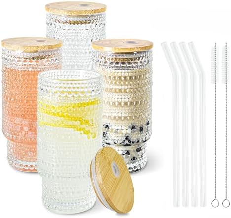Glass Cups with Lids and Straws 16 oz Hobnail Drinking Glasses by ICESIP