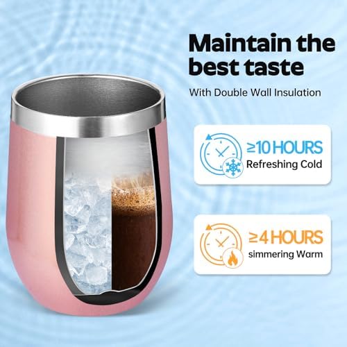 Volhoply 12oz Stainless Steel Wine Tumbler with Lid Bulk 8 Pack,Double Wall Vacuum Stemless Wine Glasses,Reusable Metal Travel Coffe Mug with Straw,Insulated Cup Gifts for Christmas（Rose Gold,8 Set） - Image 5