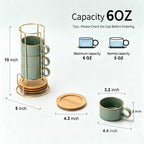 LUKA 6 Ounce Porcelain Stackable Espresso Cups with Saucers and Metal Stand Set of 4, Ceramic Cappuccino Cups Set for Specialty Coffee Drinks, Latte, Cafe Mocha and Tea, Wild Sage Earth - Image 3