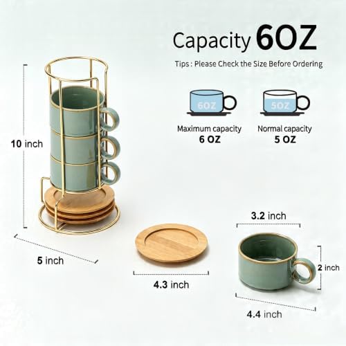 LUKA 6 Ounce Porcelain Stackable Espresso Cups with Saucers and Metal Stand Set of 4, Ceramic Cappuccino Cups Set for Specialty Coffee Drinks, Latte, Cafe Mocha and Tea, Wild Sage Earth - Image 3