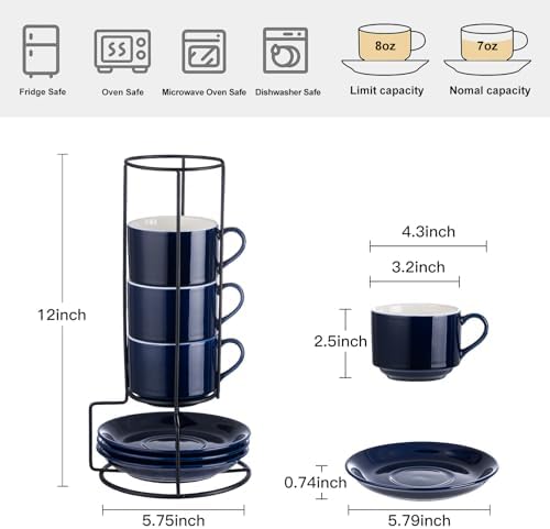 YOLIFE 8 Ounce Porcelain Stackable Cappuccino Cups and Saucers Set of 4 - Image 2
