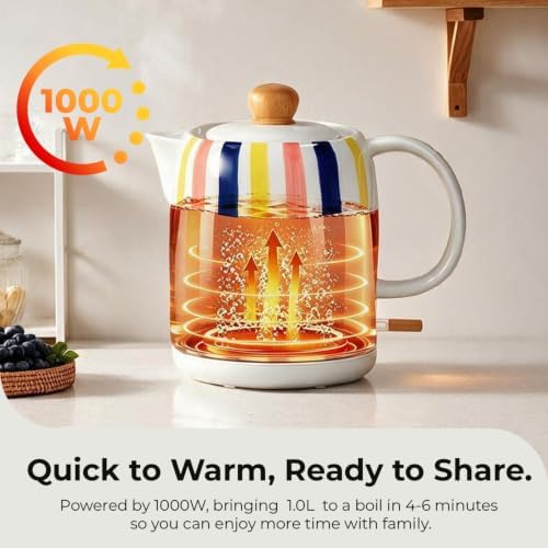 Hand-Painted Vertical Striped Ceramic Electric Kettle 1.0L - 1000W Fast Boil with Wooden Lid, Auto Shut-Off & Boil-Dry Protection for Coffee and Tea - Image 6