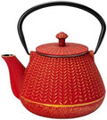Urban Tokyo 32 fl oz Cast Iron Teapot Japanese Style Red Tetsubin Tea Kettle with Chevron Pattern, Stainless Steel Infuser, Stovetop Safe, Red with Gold Accents, Excellent Heat Retention by Urban+Tokyo