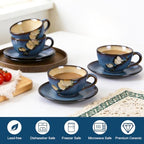 8 Oz Floral Porcelain Cappuccino Cups with Saucers Set of 4, Stoneware Tea Coffee Mugs for Home Kitchen & Office, Dishwasher Microwave Oven Safe, for Espresso, Latte, Americano, Milk & Tea, Dark Blue - Image 4