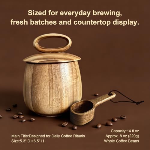 KitchNet Acacia Wood Coffee Canister with Wooden Scoop, Natural Wood Storage Container with Silicone Seal Lid, Elegant Countertop Jar for Coffee Lovers and Kitchen Decor - Image 3
