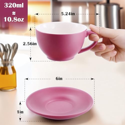 Yundu Matte Purple Cappuccino Cups Set of 4-10oz Ceramic Latte Mugs with Saucers, Elegant Espresso Cups for Coffee & Tea - Image 2