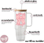Sip-Sip Hooray! Just a Girl 40oz Glass Tumbler with Lid and Straw, Coquette Bow Pink Hearts Iced Coffee Cup, Gift for Her - Image 4