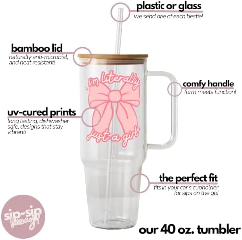 Sip-Sip Hooray! Just a Girl 40oz Glass Tumbler with Lid and Straw, Coquette Bow Pink Hearts Iced Coffee Cup, Gift for Her - Image 4
