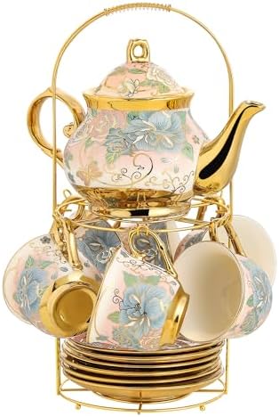 20 Pieces Porcelain Tea Set With Metal Holder, European Ceramic tea set for adults,Flower Tea Set,Tea Set For Women With Flower Painting (VIVID YELLOW, Largr Vision) - Image 2
