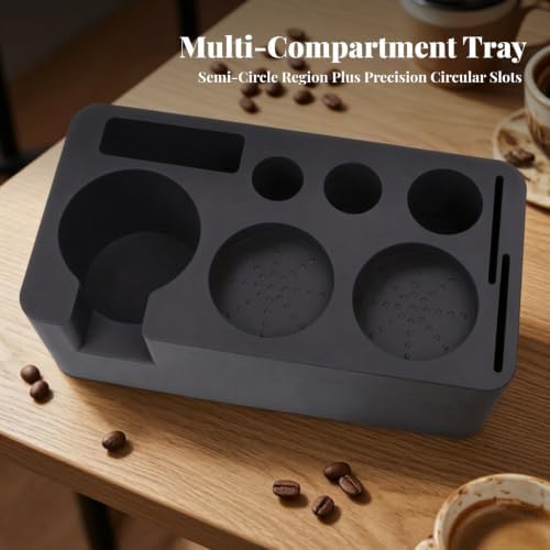 Coffee Tamper Kit Organizer | Compact, Coffee Portafilter and Tamper Holder, Stain-Resistant, Silicone pressing Mat with Portafilter Stand, for home use, Black - Image 4