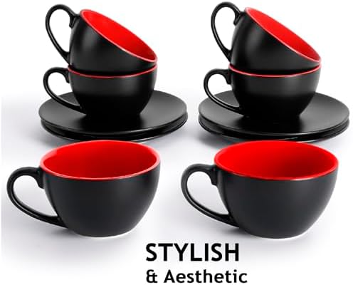 MIAMIO - Set of 6, Ceramic Stackable Cappuccino Cups Set / 6 Ounce Cappuccino Mugs and Saucer with Metal Stand for Coffee Drinks, Cafe, Latte, Americano and Tea - Le Papillon Collection (Red) - Image 6