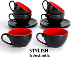 MIAMIO - Set of 6, Ceramic Stackable Cappuccino Cups Set / 6 Ounce Cappuccino Mugs and Saucer with Metal Stand for Coffee Drinks, Cafe, Latte, Americano and Tea - Le Papillon Collection (Red) - Image 6