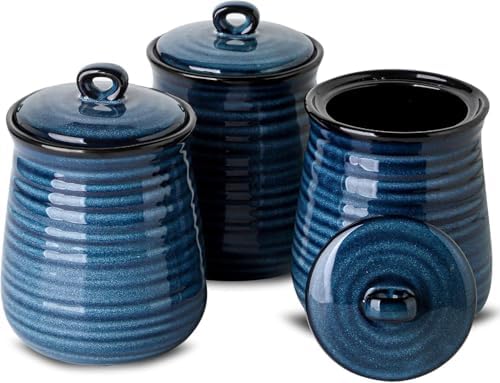 Ceramic Food Storage Jars,25 Oz Porcelain Kitchen Canisters with Airtight Lids Set of 3,Flour Containers for Countertop,Farmhouse Decor Serving Ground Coffee,Tea,Sugar,Pasta and Rice,Blue by Tikooere