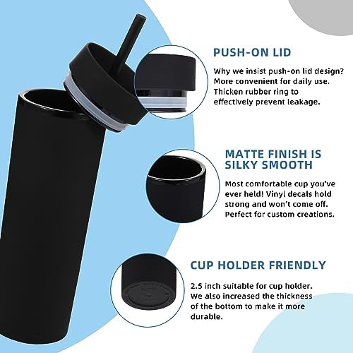 Volhoply 16oz Plastic Skinny Tumbler with Lid and Straw Bulk 10 Pack,Insulated Double Wall BPA Free Matte Acrylic Tumblers,Iced Coffee Travel Reusable Party Cup,Customizable Diy Gifts(Black,10 Set) - Image 4