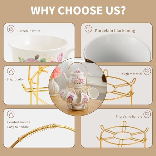 20-Pieces Porcelain Tea Sets For Women, Tea Set For Adult with Golden Metal Rack,Tea Gift Sets for Home&Party(0011) - Image 7