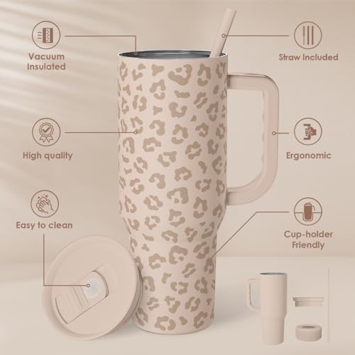 SANDJEST Leopard Tumbler with Handle, Insulated Cup Stainless Steel Travel Mug Cup, Gifts for Women Girl on Birthday Christmas, Tan Leopard, 40oz - Image 2