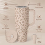 SANDJEST Leopard Tumbler with Handle, Insulated Cup Stainless Steel Travel Mug Cup, Gifts for Women Girl on Birthday Christmas, Tan Leopard, 40oz - Image 2