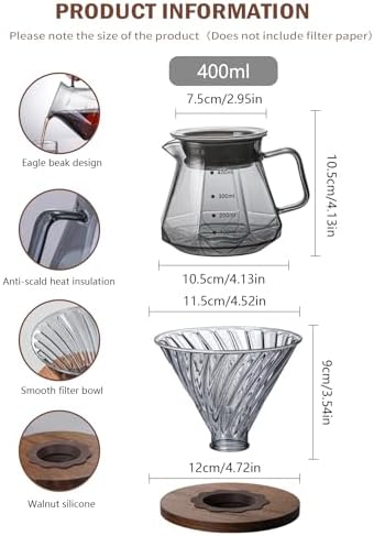 Hand Brewed Glass Coffee Pot with Cover, 400ml / 600ml Glass Pour Over Coffee Maker, Glass Pour Over Coffee Maker with Coffee Dripper for Home, Office (400ml) - Image 2