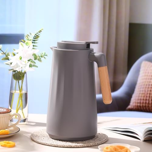 Ziliny 2 Pcs 34 oz Thermal Coffee Carafe for Keeping Hot/Cold Double Wall Vacuum Carafe with Insulated Glass Liner and Wood Handle Coffee Pot Container for Drinks Milk Tea Chocolates(Gray) - Image 4