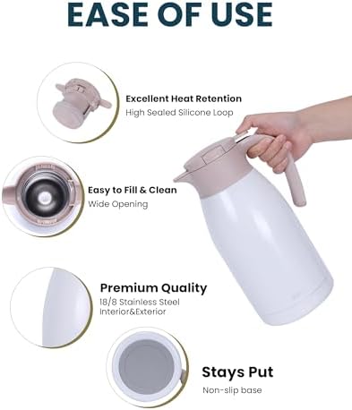 GiNT 1.9L / 64Oz Thermal Coffee Carafe, Insulated Stainless Steel Coffee Carafes for Keeping Hot/Double Walled Vacuum Thermal Carafe (White) - Image 3