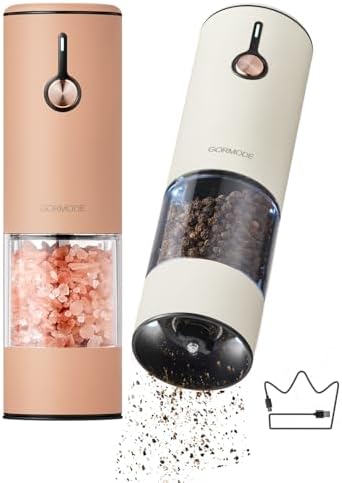 Electric Pepper Grinder and Salt Mill Set - Large Capacity USB Rechargeable Automatic Grinder with Dual LED Lights, One-Handed Operation & Slide Cover - Brushed Stainless Steel by GORMODEOfficial