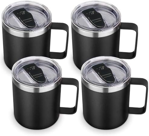 Volhoply 14oz Insulated Stainless Steel Coffee Mug with Lid Bulk 4 Pack,Double Wall Vacuum Travel Coffee Cup with Handle,Reusable Metal Cups Tumbler,Camping Mugs Keep Hot,Ideal Gifts(Black,4) by LiveFully%EF%BC%8CDrinkFreely%E2%80%94KeepGoingwithVolhoply%EF%BC%81