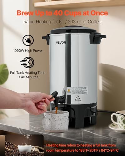 VEVOR Commercial Coffee Urn, 40 Cup 6 L Hot Beverage Dispenser with Dripless Faucet, Quick-Brewing Commercial Coffee Maker, Automatic Temperature Control, for Catering, Party, Church & Restaurant - Image 2