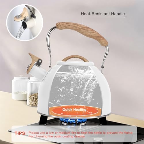 Tea Kettle, Vegoran 100 OZ / 3 Liter Whistling Tea Kettle, Tea Pots for Stove Top Food Grade Stainless Steel with Wood Pattern Folding Handle, Loud Whistle Kettle for Tea, Coffee, Milk (White) - Image 4