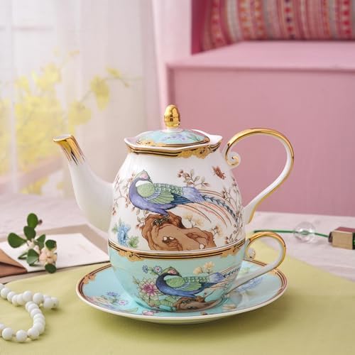 ACMLIFE Tea Set For One - Vintage Floral Bone China Tea Set for One Teapot fnd Cup Set, Bone China Teapot & Cup, 12 Oz, Blue and WhiteTea Set for Women for Gift(Light blue) - Image 3