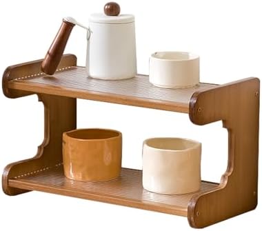 Wooden Mug Display Holder, Bamboo Wood Coffee Mug Organizer Countertop, Counter Shelf for Tea Coffee Bar Accessories, Matcha Stand, Kitchen Condiment Storage Rack,2tier,13.78IN by Unknown