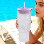 40oz Frosted Plastic Tumbler with Handle and Straw Lid, Reusable Large Iced Coffee Cup Travel Mug for Cold Drinks, Clear Acrylic Tumbler Cup for Smoothies, Tea, Juice, Office & Outdoor Use - Purple - Image 3