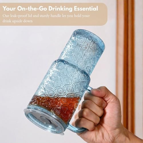 20 oz Blue Glass Tumbler with Lid and Straw, Glass Iced Coffee Cups, Spill-proof Glasses Tumbler with Handle, Hobnail Glasses Drinking Set of 4, Vintage Glassware for Cocktail, Smoothies - Image 5