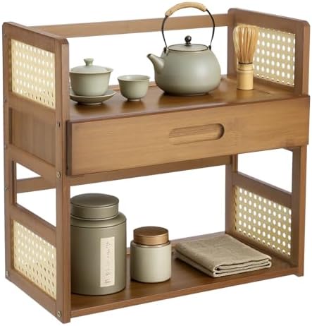 2 Tier Matcha Station Organizer with Drawer,15.75" x 7.87" x 15.35" Bamboo Mug Stand Shelf, Home Coffee Station Organizer for Whisk Set Bowl Cup Kitchen Countertops Bars by Unknown
