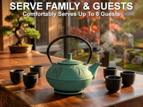 85 Oz XXL Green Bamboo Cast Iron Teapot, Enamel Interior, Infuser & Trivet - Image 2