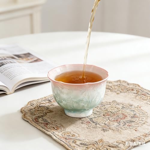 Ceramic Tea/Coffee Cup Set - Retro Crystal Glaze Espresso Cups, 3 oz, Hand-Painted, Suitable for Afternoon Tea or Coffee, Unisex Birthday Gift, Pink and Green Gradient(Gradient Aroma Cup) - Image 6