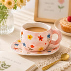 10oz Hand-Painted Ceramic Cup and Saucer Set, Cute Floral Print Coffee Mug with Handle, Porcelain Tea Cup for Office, Home, Kitchen, for Coffee Lovers - Image 3