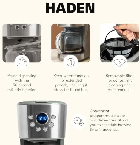 HADEN 12 Cup Programmable Drip Coffee Maker Machine, Stainless Steel/Chrome - Image 3