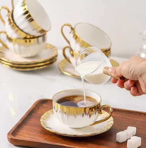 Gold Rimmed Ceramic Coffee Mug with Saucer Cappuccino Mug, 6 oz, for Coffee, Latte, Tea, Set of 6 (gold, Medium) - Image 5