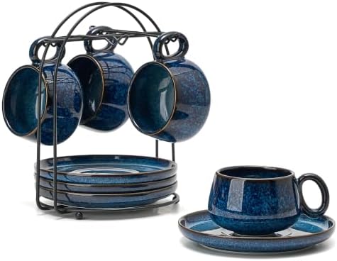 LUKA 7.77 oz Ceramic Cappuccino Cups with Saucers and Metal Stand, Set of 4 Large Unique Porcelain Coffee Cup for Latte, Cafe Mocha, Tea, Espresso, Dishwasher Safe, Reactive Glaze Bule by LUKA