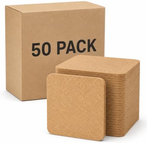 50 Pack Cork Coasters for Drinks - 4" Square Absorbent Drink Coaster Bulk by KIPONURA