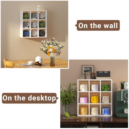 Helsin 9 Grid Vintage Coffee Mug Display Rack, 16inch Wall Mounted Wooden Curio Shadow Box Shelf, Cup Floating Shelves Display and Organizer (White) - Image 5