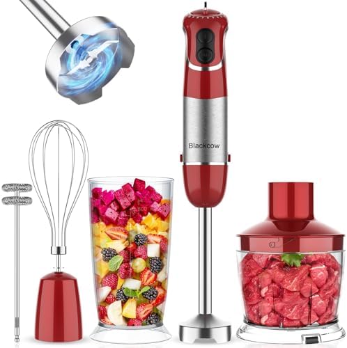 Blackcow Immersion Blender Handheld, Corded Hand Blenders Set 800W, 12 Speed Stick Blender 5 in 1 Stick Emulsifier with Chopper, Whisk and Frother for Soup, Baby Food and Smoothies, Red by Blackcow