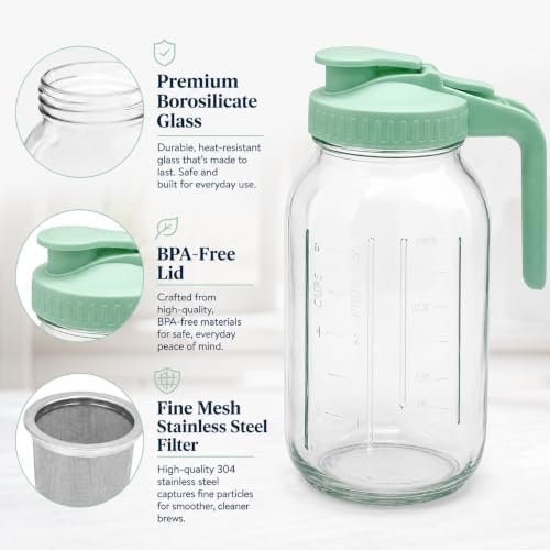 2 Pack Glass Pitcher with Infuser, 64 oz Glass Carafe with Lid and Handle, Cold Brew Coffee Maker with Stainless Steel Filter, Leakproof Iced Tea Pitcher for Fridge, Lemonade, Fruit Tea, Juice - Image 4
