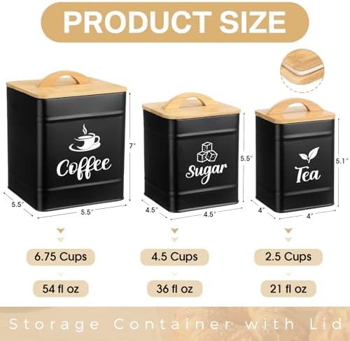 Maxdot 3 Set Coffee Tea Sugar Containers Kitchen Canisters, Black - Image 2