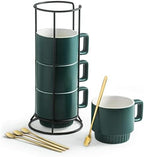 Miamolo Stackable Coffee Mugs Set of 4 with Holder Spoons 11oz Ceramic Cappuccino Cups for Espresso Latte Tea Drinks, Father's Day,Dishwasher & Microwave Safe, Green by Miamolo