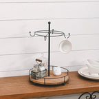 Farmhouse Coffee Mug Holder Tree with Wood Tray, Vintage Countertop Mug Rack, 4-Mug Holder, Rustic Coffee Cup Holder Tree, Tea Cup Storage Stand for Bar Kitchen Counter,Black by Unknown