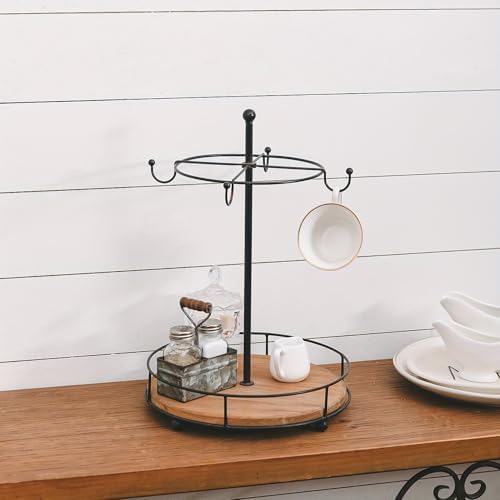 Farmhouse Coffee Mug Holder Tree with Wood Tray, Vintage Countertop Mug Rack, 4-Mug Holder, Rustic Coffee Cup Holder Tree, Tea Cup Storage Stand for Bar Kitchen Counter,Black by Unknown