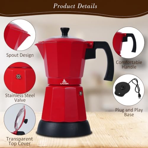 LAOION 6 or 3 Cup Electric Moka Pot, Cafeteras Electricas Modernas-Red - Image 5